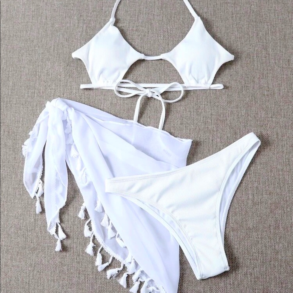 White Rib Cut out Bikini and Beach skirt